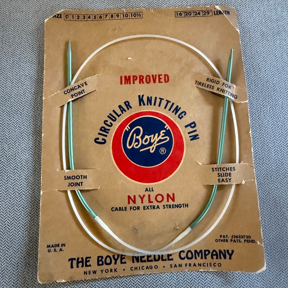 Vintage Boye Circular Knitting Needle Pin Nylon Cable Original Card USA
